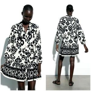 Zara Printed Mini Dress with Long Sleeve in Ecru Black Size S